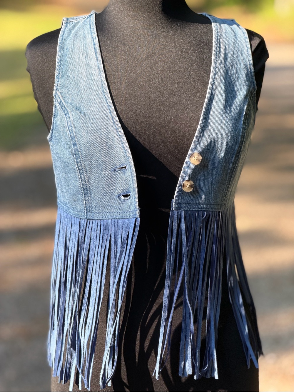Forever 21 Light Blue Denim Vest with Navy Fringe Trim